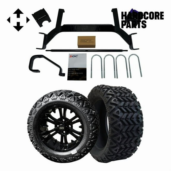 Hardcore Parts 6" Drop Axle Lift Kit for EZGO TXT/PDS (2001.5-2008) Gas Golf Cart with 14" Black 'VAMPIRE' Wheels and 23"x10"-14 DOT rated All-Terrain tires