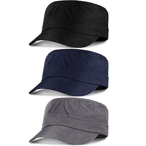 Syhood 3 Pieces Cadet Army Caps Fitted Military Cap Adjustable Twill Flat Caps Solid Color Unisex Cadet Hat Brim Military Army Style Hat for Men Women