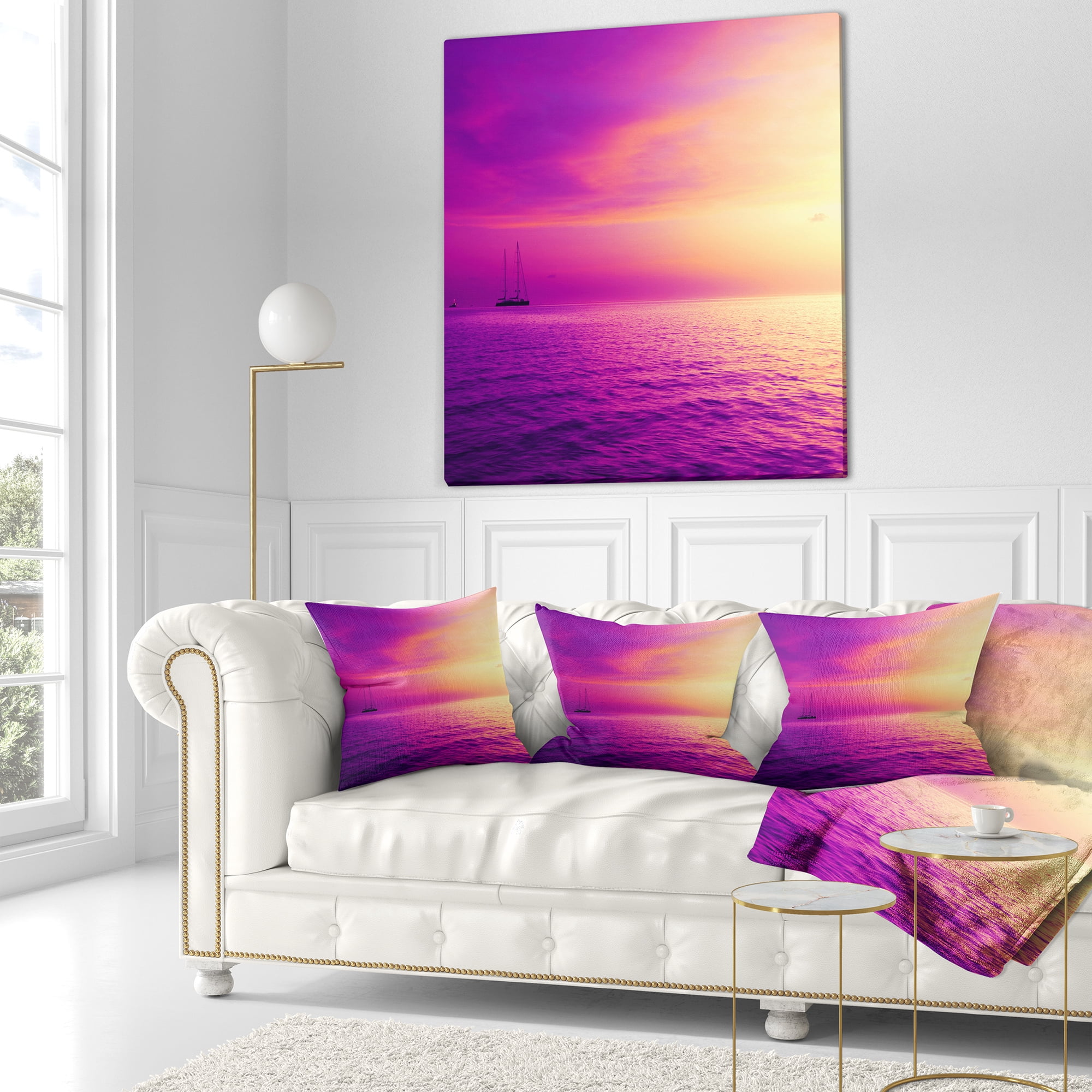 Designart Purple Sea in Maldives At Sunset - Seashore Throw Pillow - 16x16
