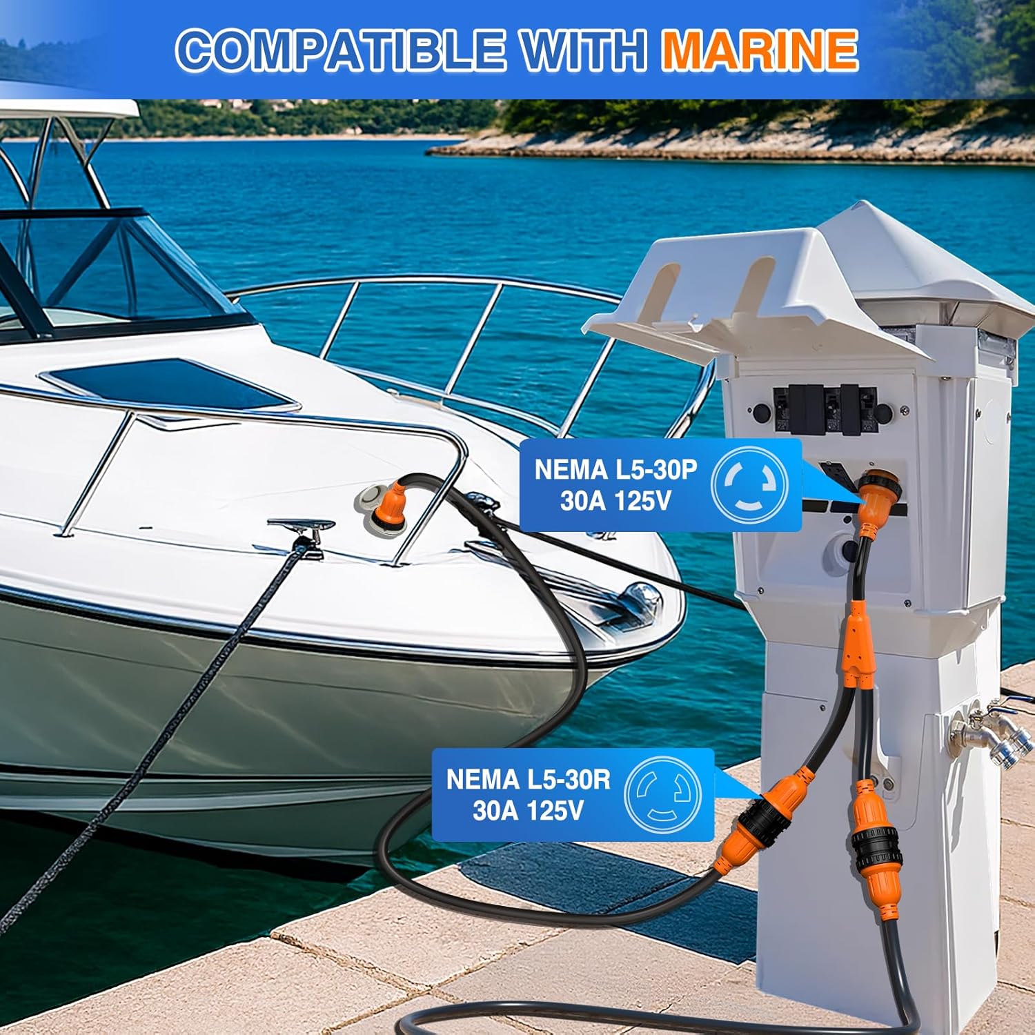 Nilight 30 Amp RV Marine Boat Shore Power Y Splitter Adapter Cord NEMA L5-30P L5-30R 125V 3750W Cords w/Locking Rings & Waterproof Seals ETL-Listed 10 AWG STW for RVs Boats Yachts Campers