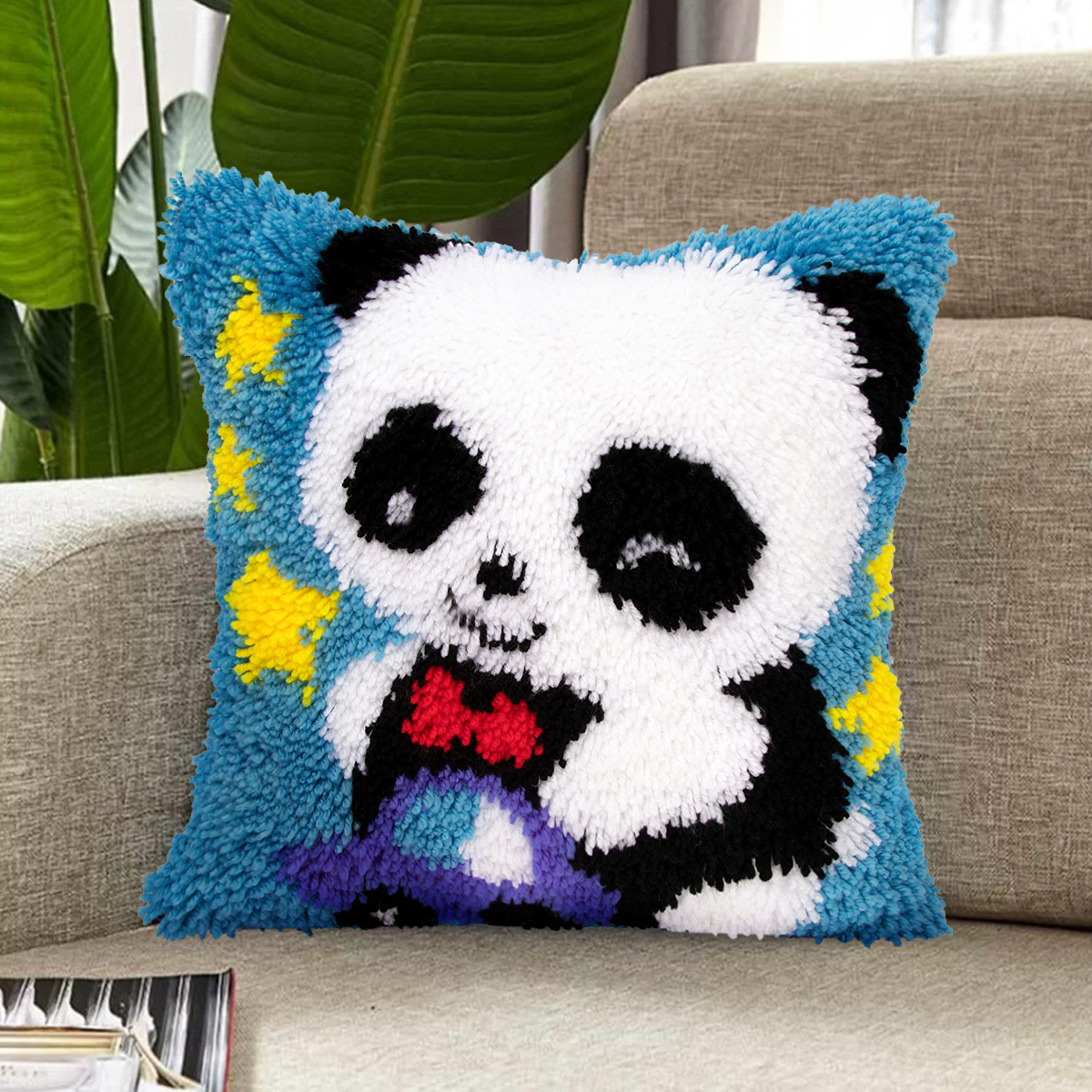 Latch Hook Pillow Kits for Adults pillow,latch hook pillow kits,Bear And Panda Embroidery Creative Craft Home Decor Ideal for Learning Pillow Making 43×43cm/17*17in