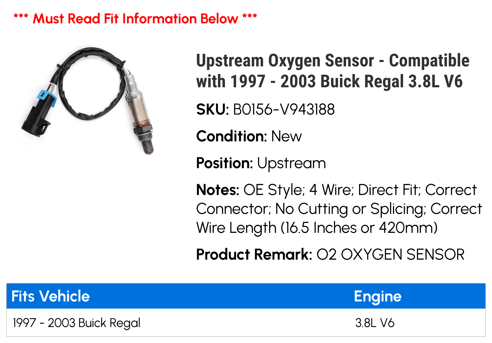 Upstream Oxygen Sensor - Compatible with 1997 - 2003 Buick Regal 3.8L V6 1998 1999 2000 2001 2002