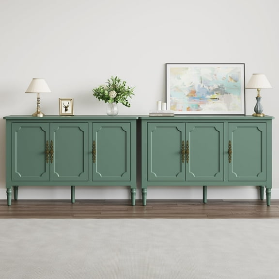 RoyalCraft 2 Piece Storage Cabinet with 3 Doors, Sideboard Cabinet with Adjustable Shelves, Wood Buffet Cabinet with Turned Legs, Accent Cabinet for Entryway, Set of 2, Green