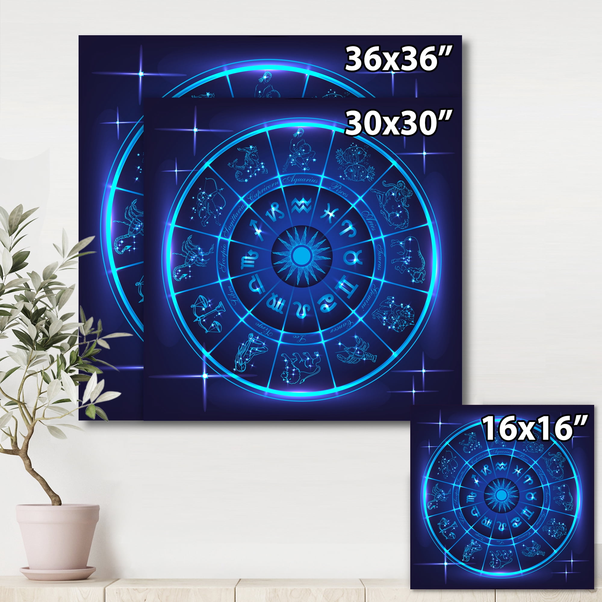 Designart ' Zodiac Signs With Neon Deep Blue Horoscope Circle ' Modern Canvas Wall Art Print