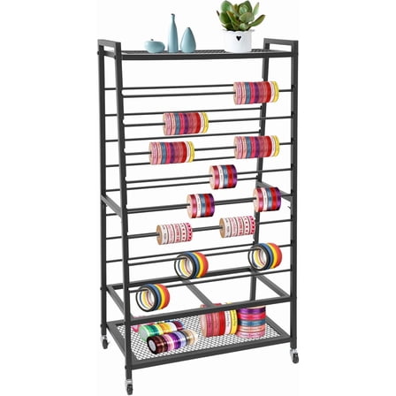 16 Tier Ribbon Organizer for Craft Room, Double-Sided Ribbon Holder Organizer Rack, Black Metal Ribbon Storage Wrapping Paper Organizers for Craft Room Cake Shop Flower Store