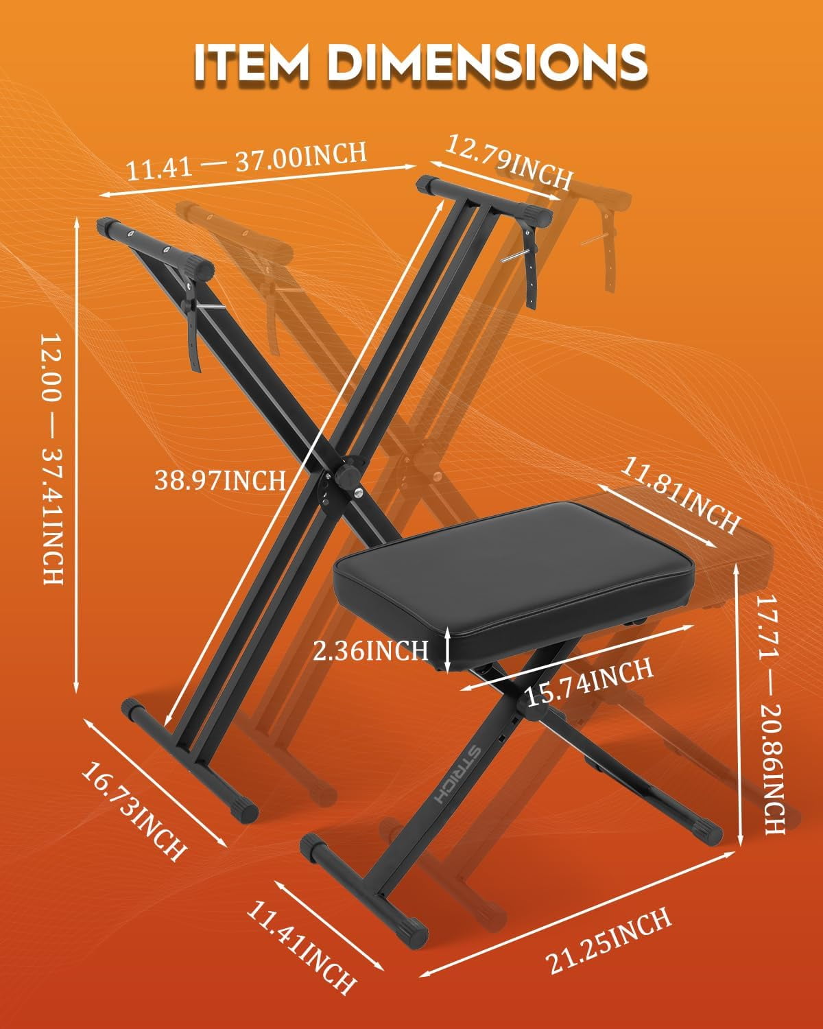 Piano Keyboard Stand Stool Set  Adjustable Double X-style Portable For 54-88 Key Electric Digital Keyboards Pianos & Bench Chair Black Skt-01 Spb-m10x