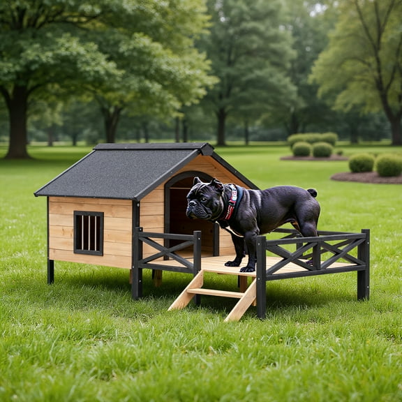 Pefilos 66" Outdoor Dog House, Large Wooden Dog Kennel with Porch, Cabin House Style Pet Houses for Cats, Brown