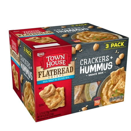 Keebler Town House Flatbread Crisps Sea Salt & Olive Oil Crackers + Hummus Snack Box, 2.75 Oz., 3 (Best Monthly Snack Box)