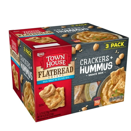 - Town House Crackers + Hummus Snack Box, Sea Salt & Olive Oil Flatbread Crisps, 3 Ct