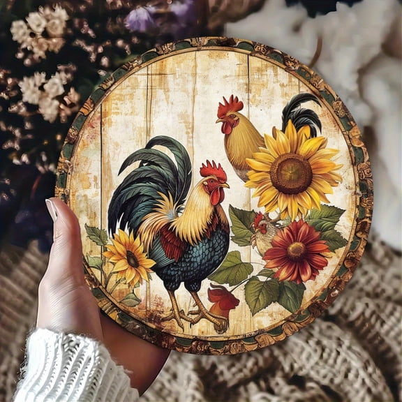 Vintage Rooster & Sunflower Round Aluminum Sign - Rustic Farmhouse Distressed Wood Retro Floral Kitchen Decor, 1pc, 8" Wall Art Metal Sign, For Porch, Gardene, Room, Home, Ideal Gifts, 2D Flat