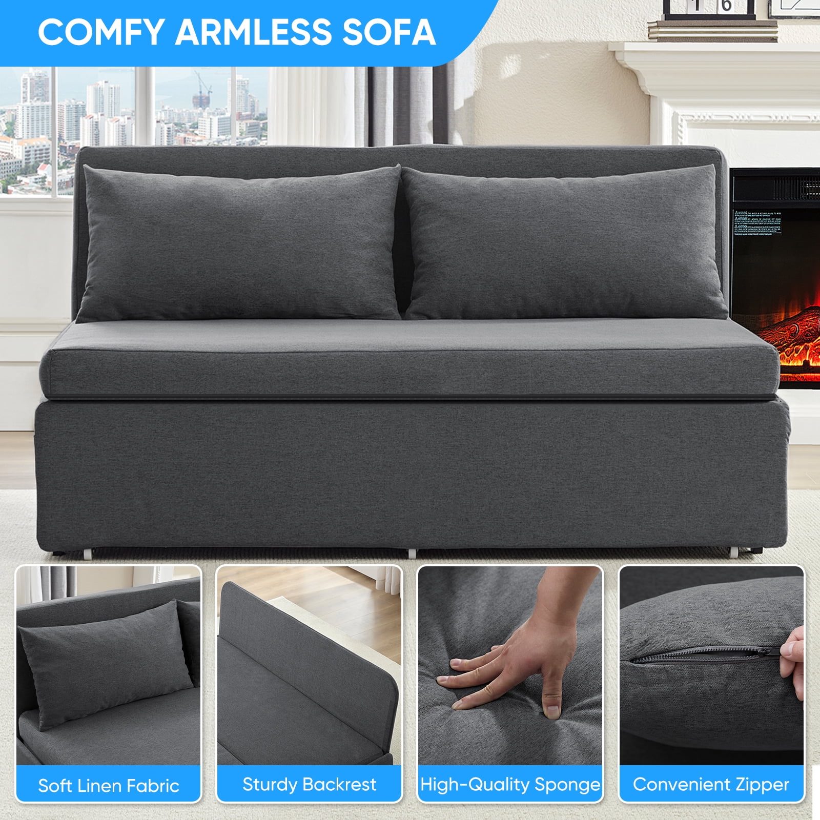 BALUS 62" Linen Queen Size Pull Out Sofa Bed, Convertible Loveseat Sleeper Sofa with 2 Pillows and Foldable Mattress, Dark Gray