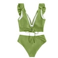 thumbnail image 4 of MGDXOX Women's Cute Ruffle Vneck Bikini Set Summer Beach Two Piece Swimsuit Tie Back Bathing Suit Cruise Outfits Army Green S, 4 of 5