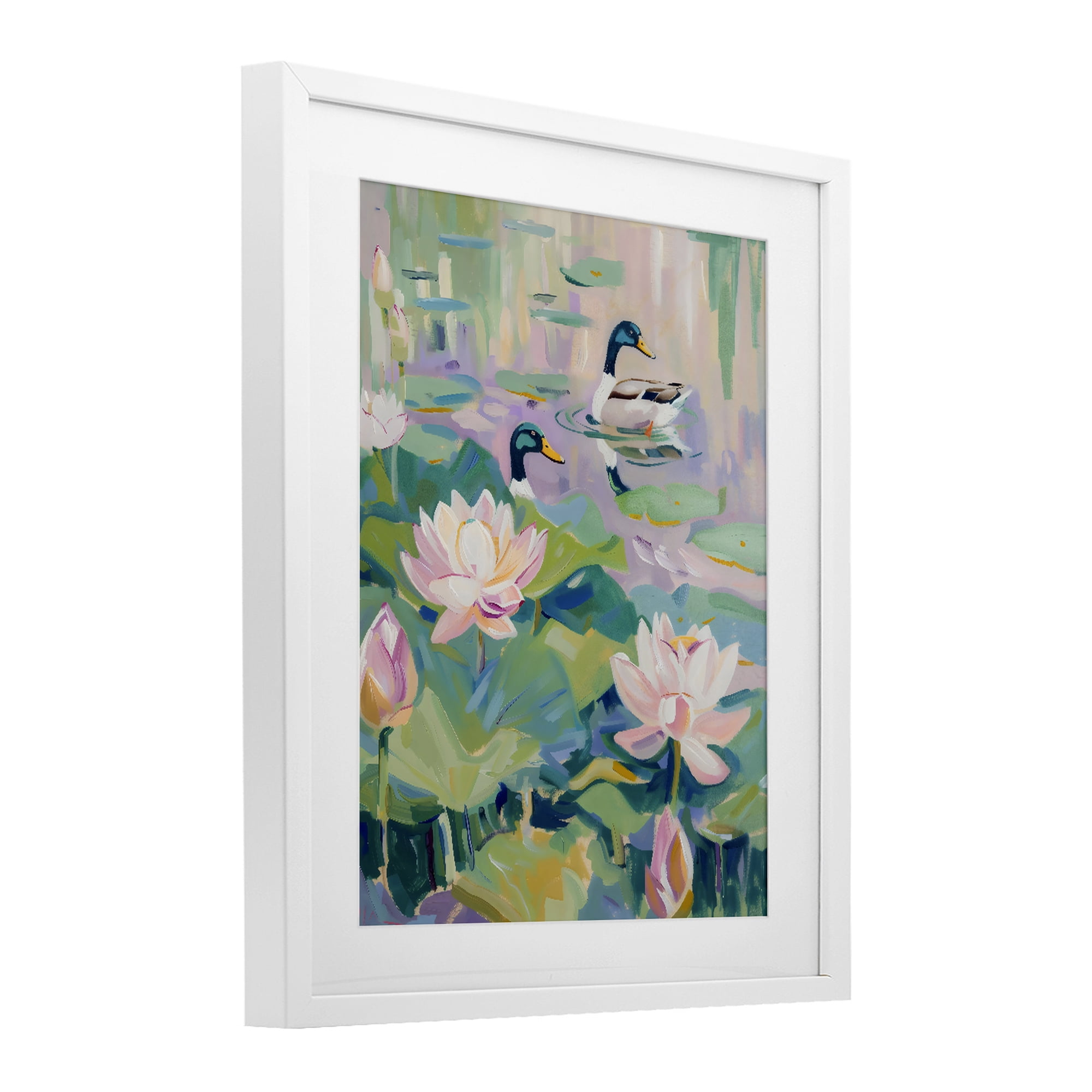 Stupell Industries Duck Pond with Lotus Flowers White Framed Print Under Glass, design by The Prints Vibe