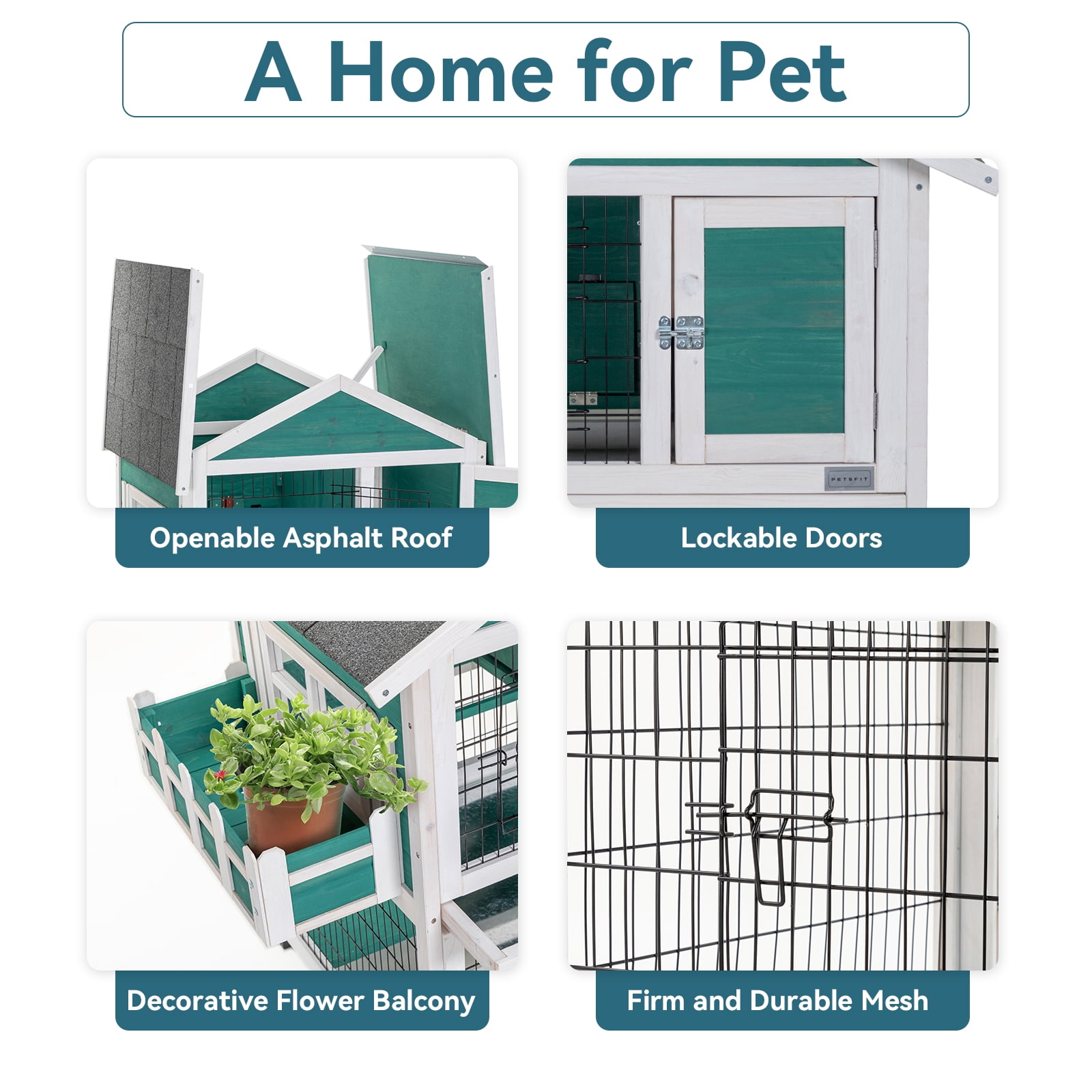 Petsfit 2 Story Rabbit Hutch with Trays Outdoor Weatherproof, Bunny Cage with Openable Roof