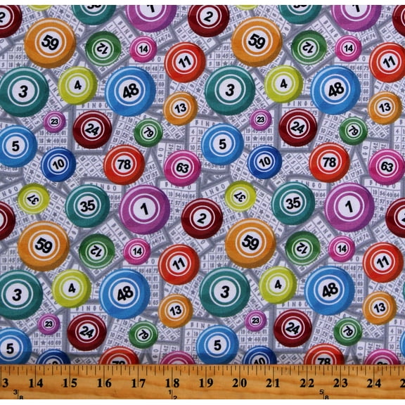 Cotton Bingo Cards and Balls Games Materials White Cotton Fabric Print by the Yard (116286)