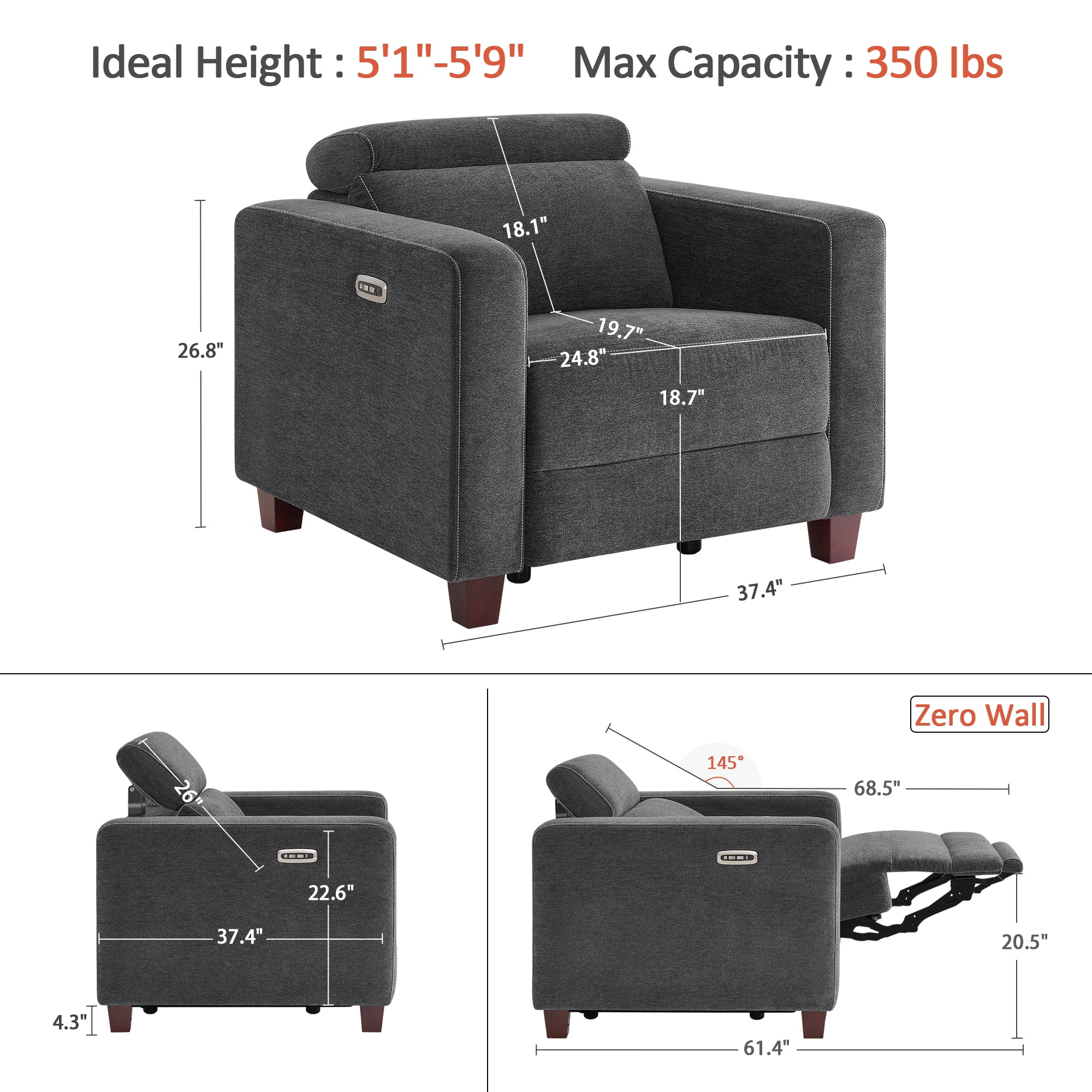 MCombo High Leg Power Recliner Chair with Adjustable Headrest and USB A/C Charge Ports for Living Room, Office, and Small Spaces (Fabric HL128, Dark Grey)