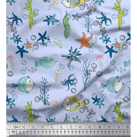 Soimoi Polyester Crepe Fabric Fish,Coral & Starfish Ocean Print Fabric by The Yard 52 Inch Wide