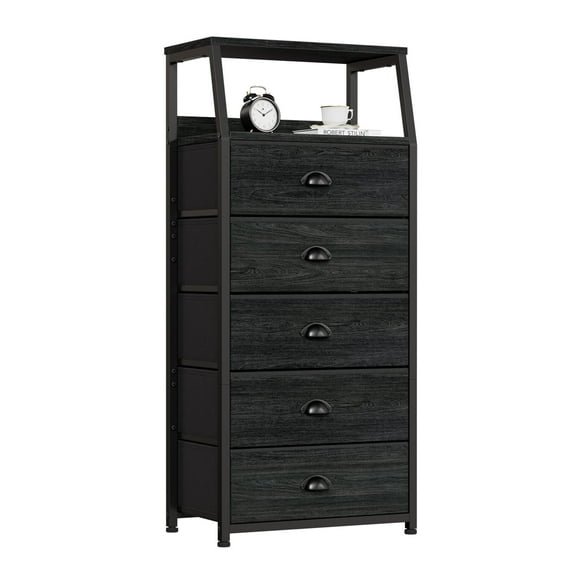 Cómoda Furnulem de 5 cajones, estructura de acero negra y cubierta de madera