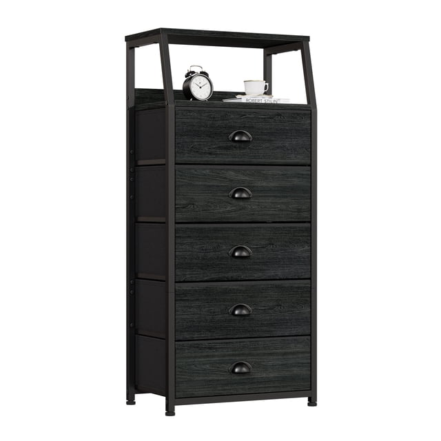 Cómoda Furnulem de 5 cajones, estructura de acero negra y cubierta de madera
