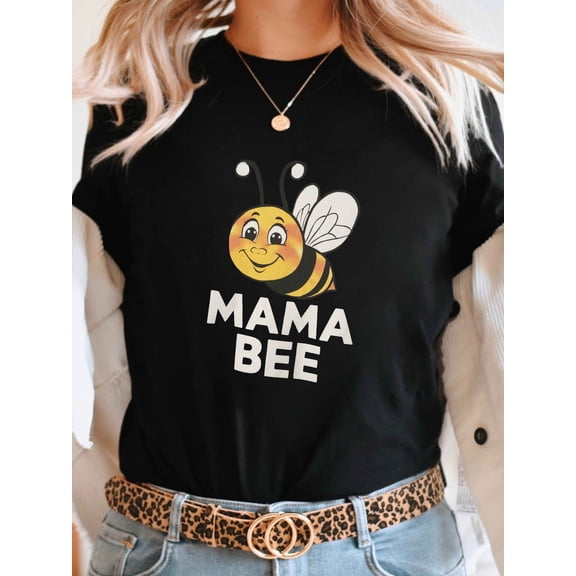 Women Crew Neck Mama Bee Graphic Print Short Sleeve Casual T-Shirt for Spring Summer