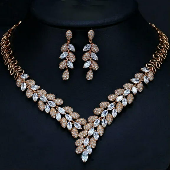 Cubic Zirconia Yellow Gold Plated White Necklace Earrings Jewelry Sets for Women