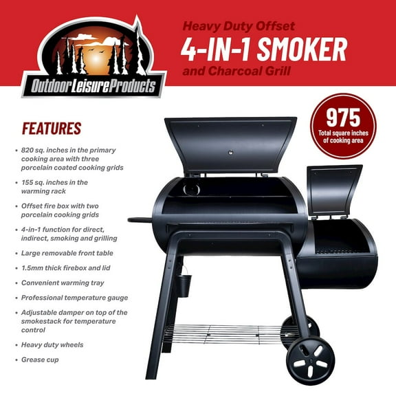 Outdoor Leisure Products Heavy Duty Offset Charcoal Smoker Grill