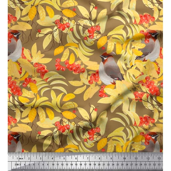 Soimoi Brown Silk Fabric Leaves,Berries & Bird Print Fabric by The Yard 42 Inch Wide