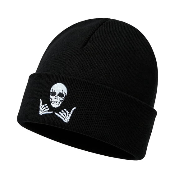 Risckoth Unisex Knit Beanie Skull Embroidery Rock Hand Gesture Ribbed Cuff Halloween Hat