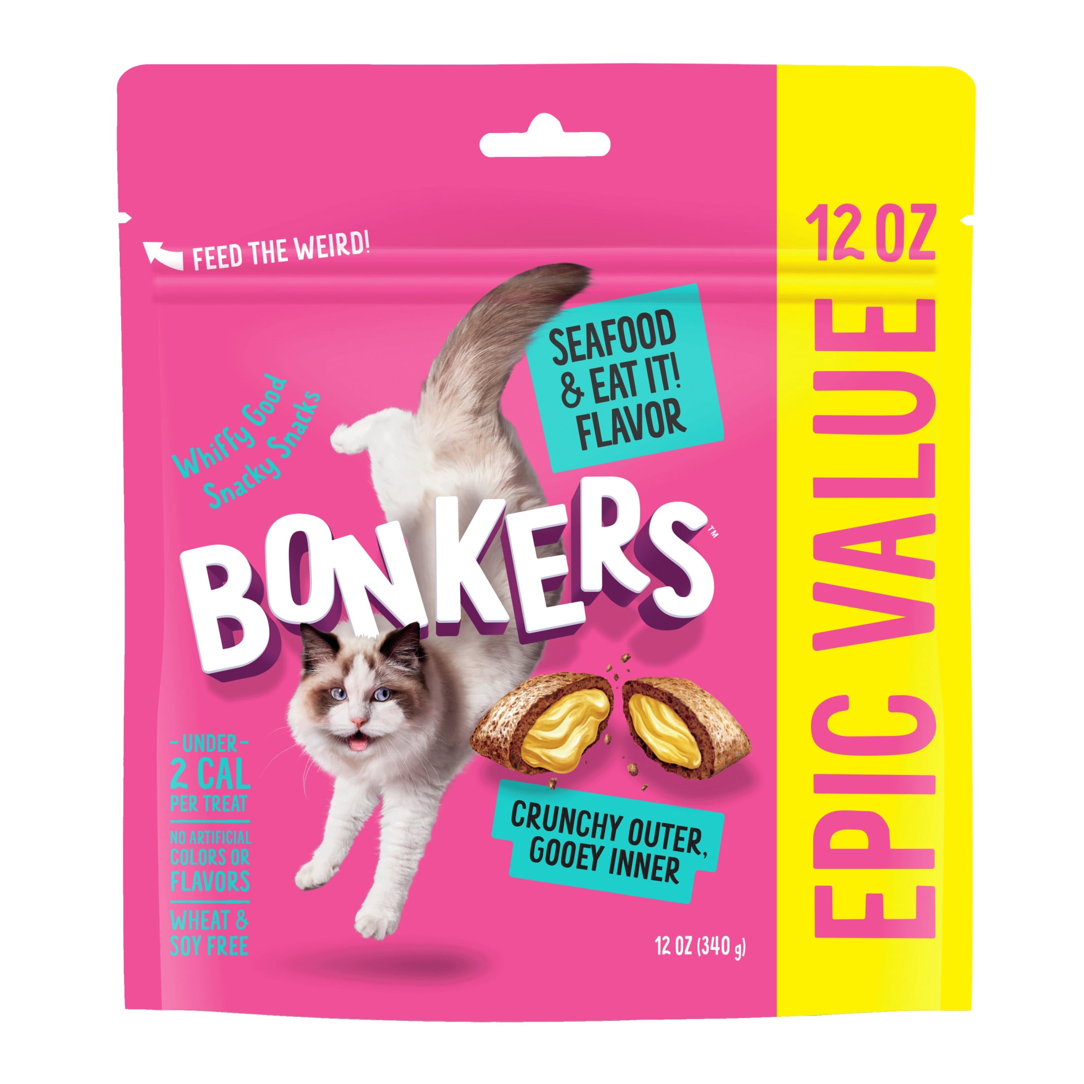 (4 pack) BONKERS Bites Seafood & Eat It Flavor Crunchy & Soft Treats for Cats, 12oz Bag