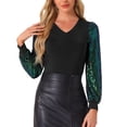 thumbnail image 1 of INSPIRAR CHIC Top de Manga de Lentejuelas para Mujer, Top Brillante de Cuello en V para Fiesta, L Negro Verde, 1 of 5
