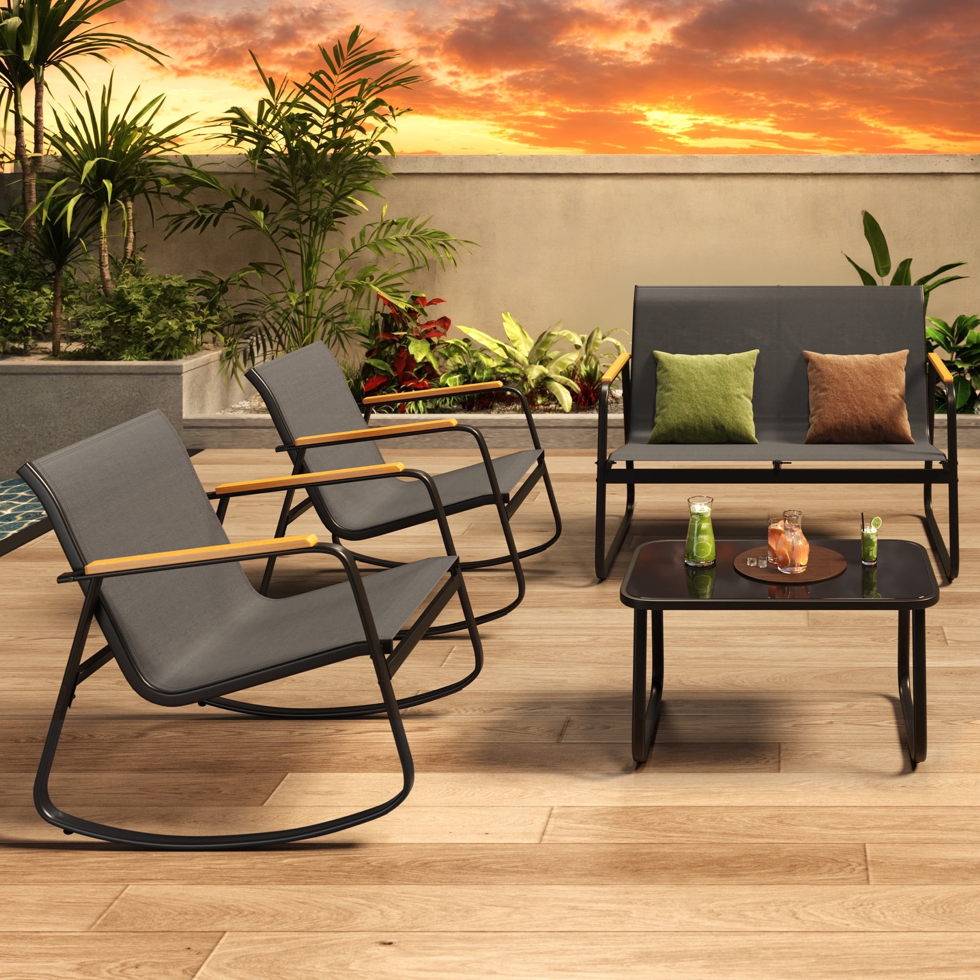 Patio Conversation Sets for 4, Lofka 4 Pieces Patio Furniture Sets with Rocking Bistro Fabric chairs, Garden Loveseat, Glass Coffee Table for Backyard, Poolside, Porch, Lawn, Black