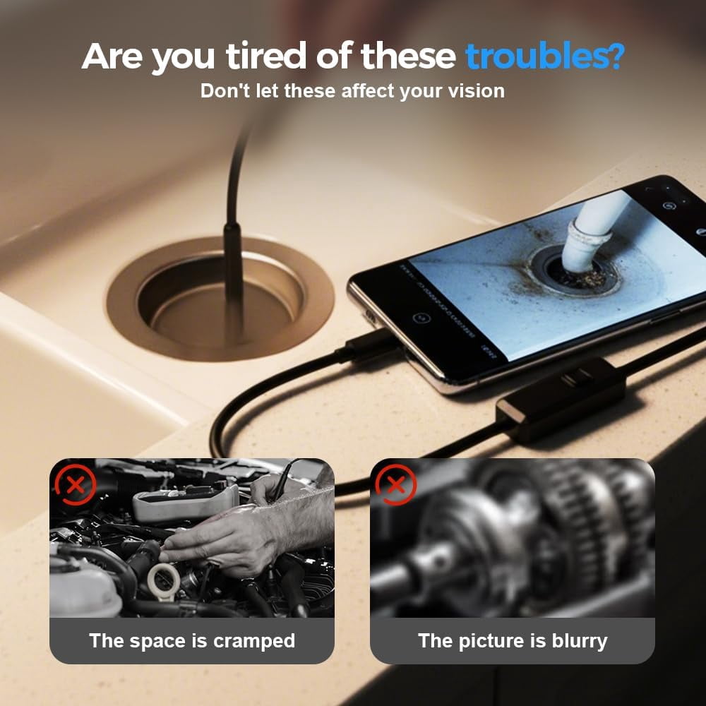 Drain Camera, Endoscope Camera with Light for Iphone, Pipe Camera,  Endoscope Camera for Android, for Iphone Endoscope Camera with Light, 1080P HD Flexible Inspection Cameras with 8 Adjustable Lights
