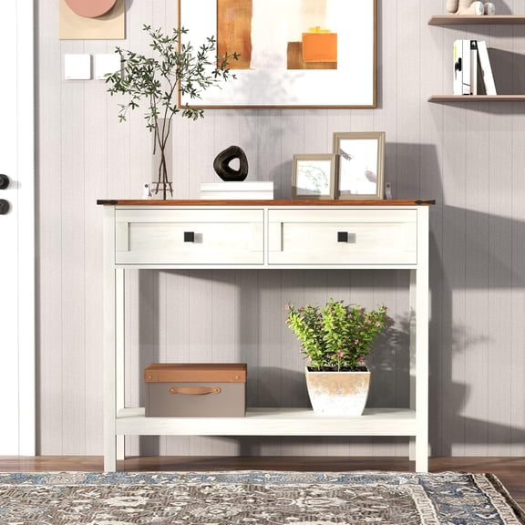 Farmhouse Style Console Table with 2 Drawers and Bottom Shelf for Entryway, Living Room, Hallway