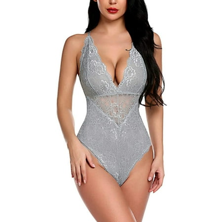

Huachen Ladies Lingerie Fashion Sexy Lace Bodysuit Deep V Lace Babydoll Gray/M