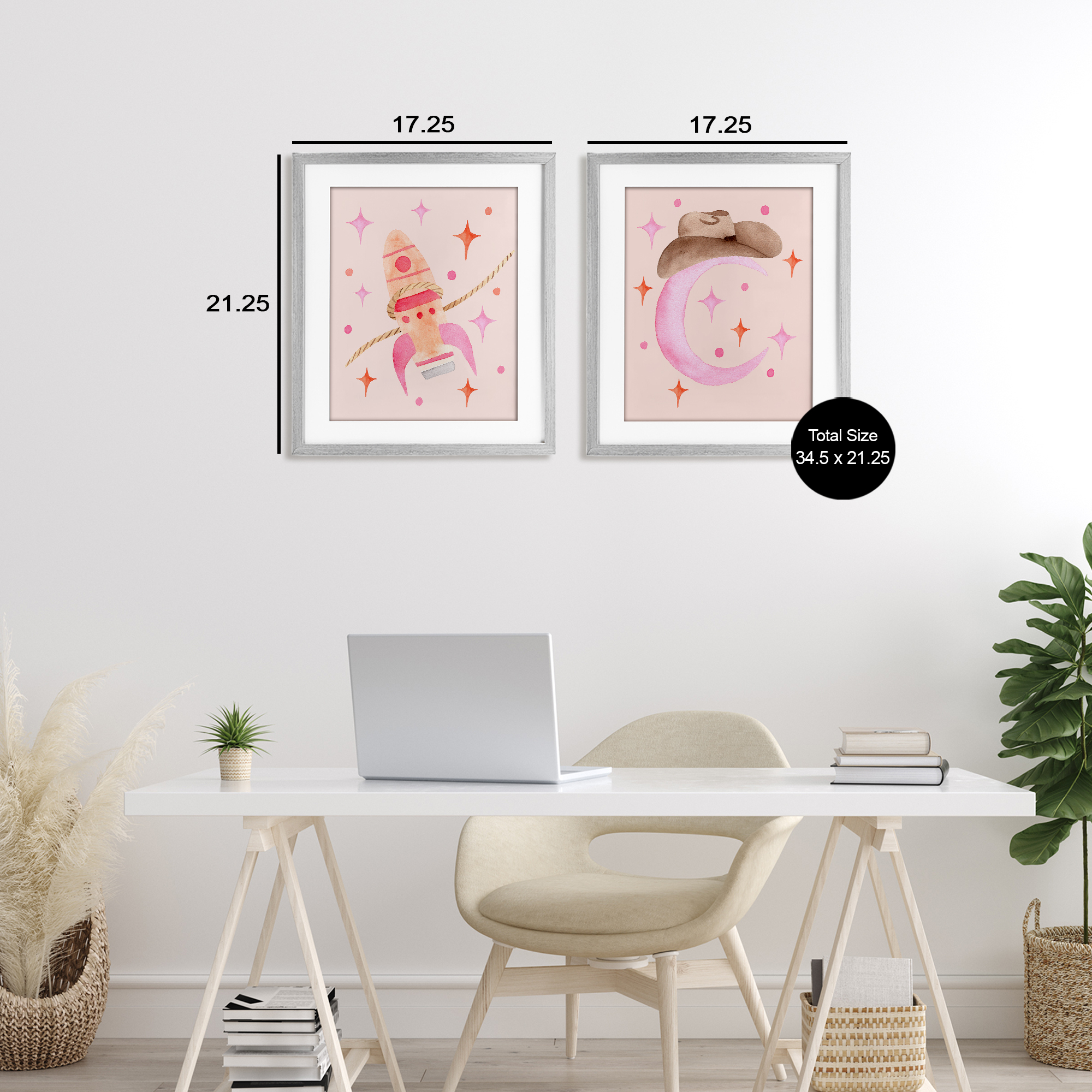Space Cowgirl Rocket Ship 2 Piece Gray Framed Print Under Glass Set, design by Nina Jacobs