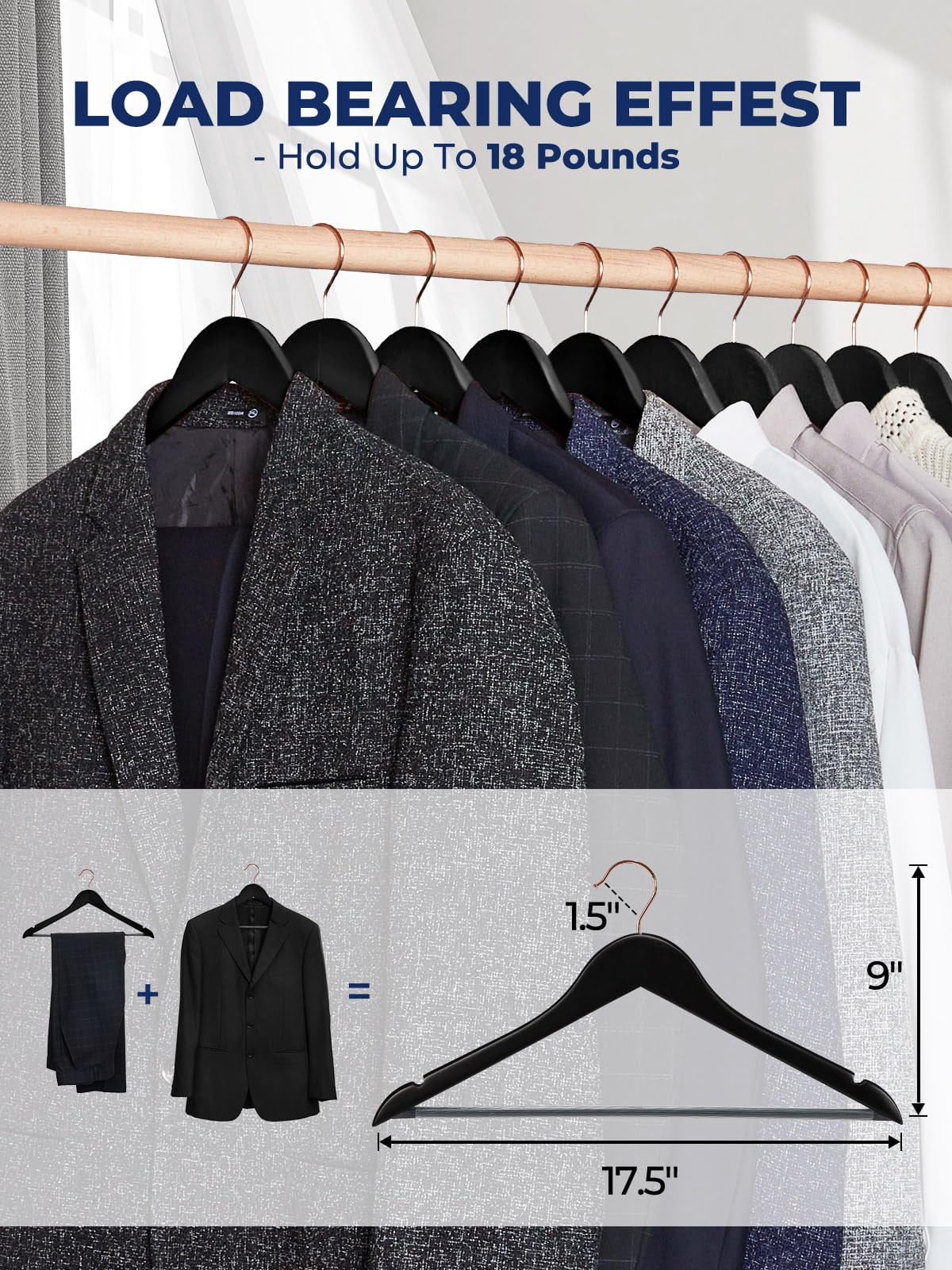ACSTEP Wooden Hangers 10 Pack, Sturdy Coat Hangers for Closet, Quality Non Slip Hangers, Premium Heavy Duty Hangers, Durable Coat Hanger, Pants Hanger, Suit Hangers, with 360° Rotating Hook, Black