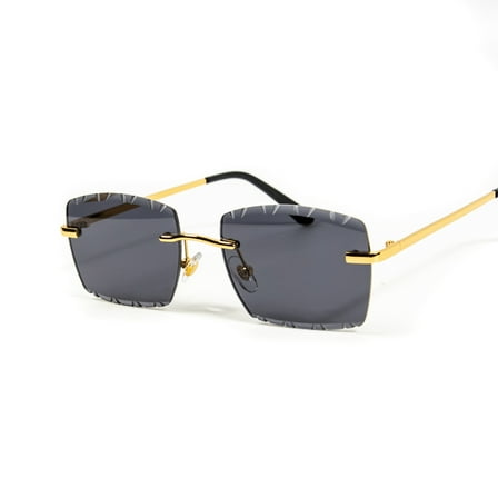 Retro 90'S Style Gold Wire Frame Rectangle Gem Cut Gray Tint Lens Men's Hip Hop Square Sunglasses