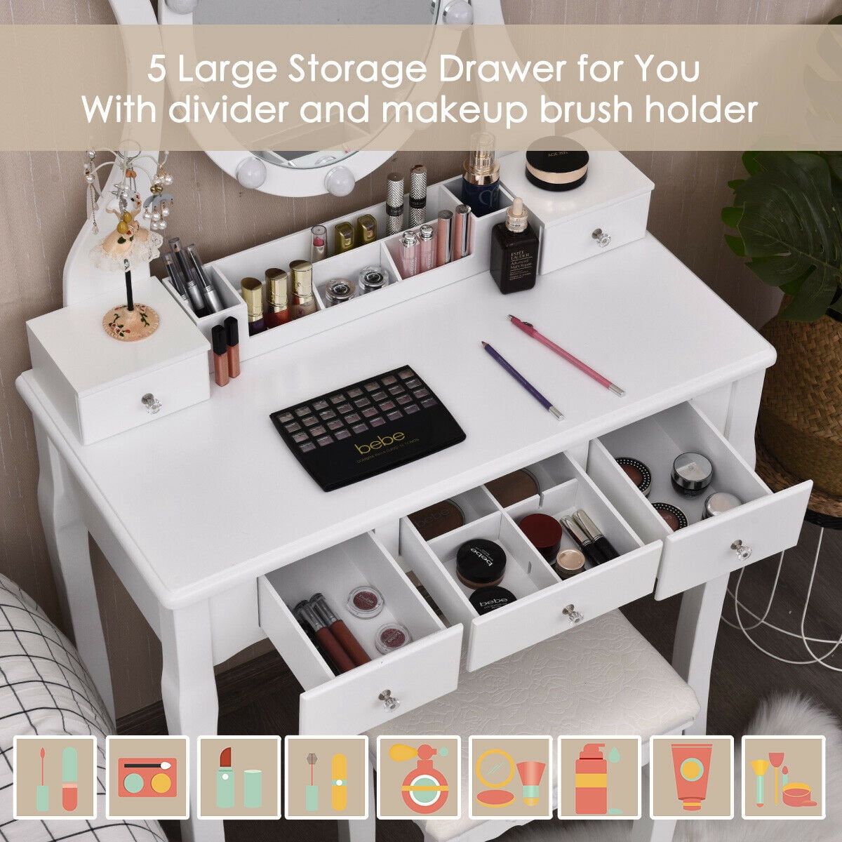 Gymax Vanity Table Set Makeup Dressing Table with10 Light Bulbs and Touch Switch, White