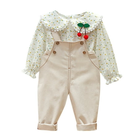 

New Born Close for Girl Toddler Kids Baby Girls Long Ruffled Sleeve Cherry Floral Print Blouse Tops Solid Overalls Suspender Pants Outfits Set 2PCS Clothes Preemie Baby Girl Close