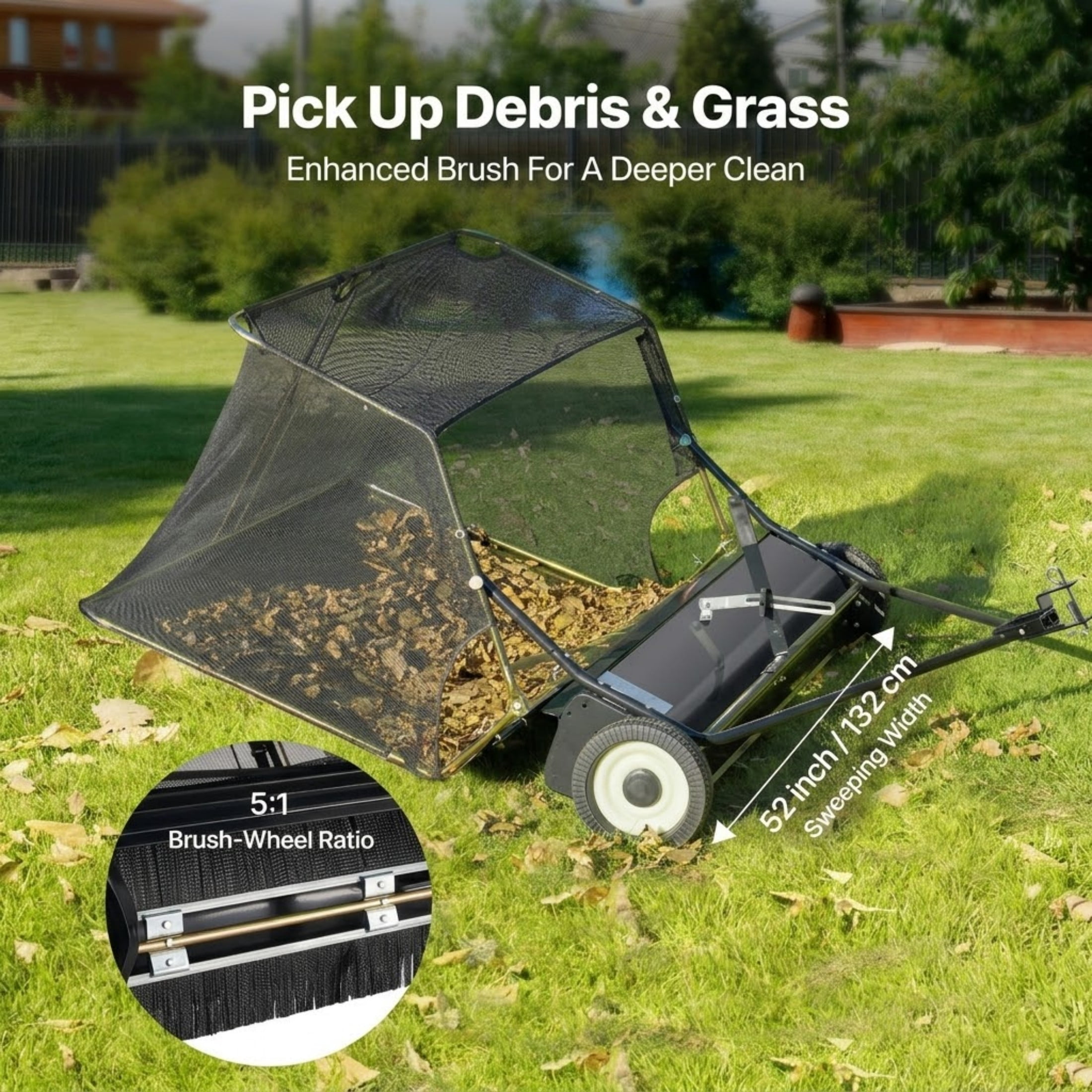 52-Inch Tow Behind Lawn Sweeper, 26 cu.ft. Large Capacity Yard Sweeper with Adjustable Height and Dumping Rope, Heavy Duty Leaf & Grass Collector