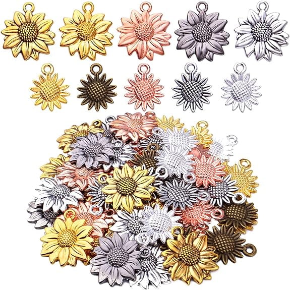 Aylifu 50pcs Colorful Sunflower Charms Tibetan Alloy Flower Bead Dangle Pendants Jewelry Findings Accessory for DIY Handmade Necklaces Bracelets Earrings Keychains, 2 Sizes