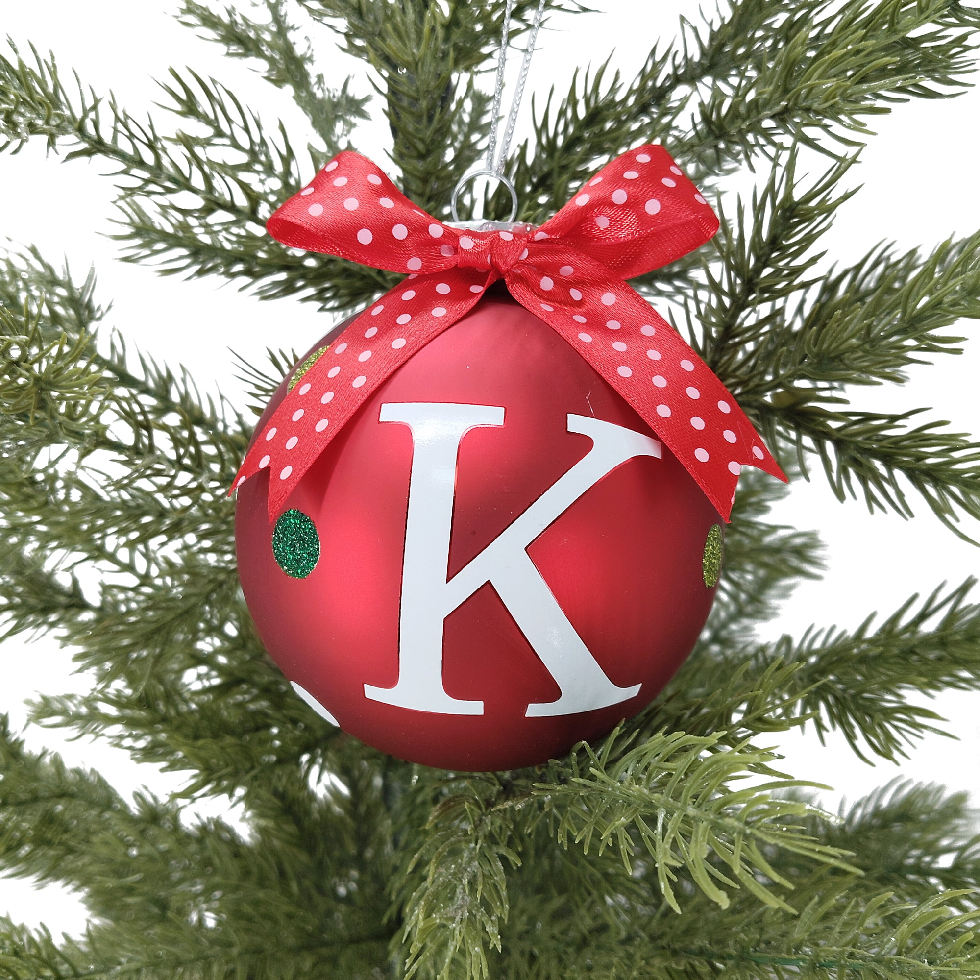 HOLIDAY TIME K RED LETTER GLASS ORNAMENT