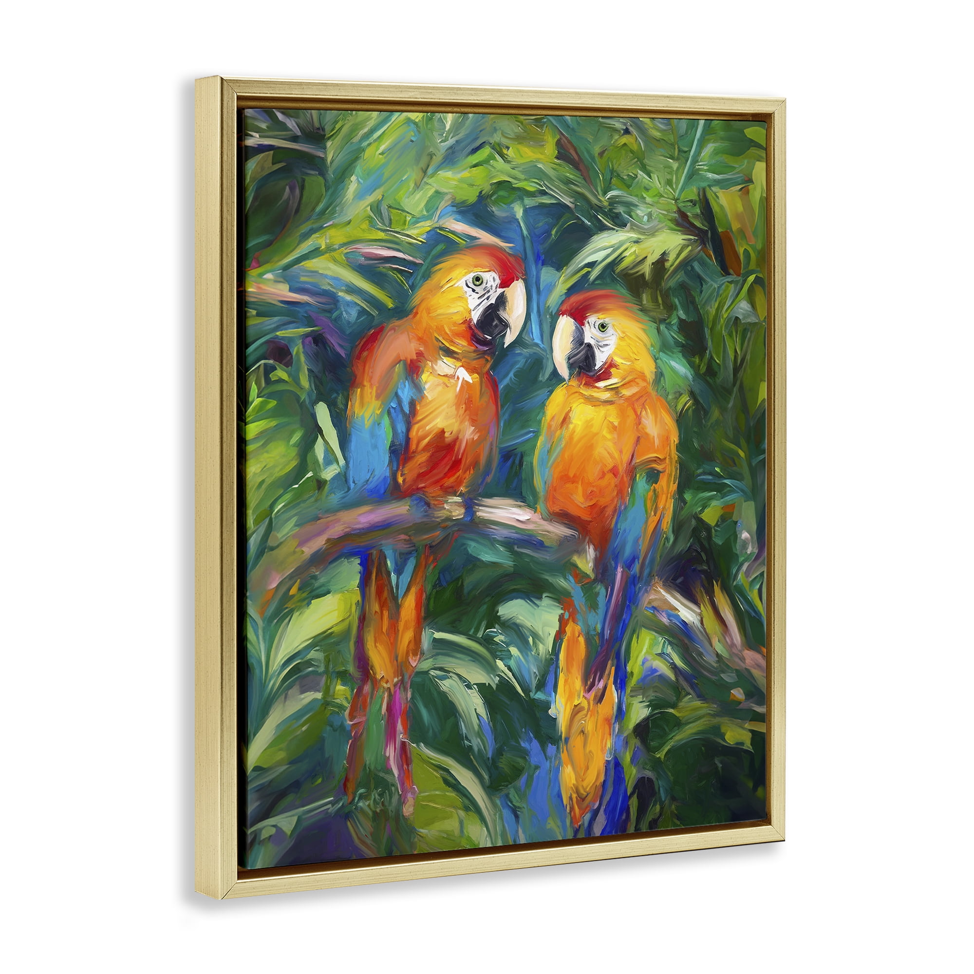 Stupell Industries Rainforest Parrot Branch Animals & Insects Painting Gold Floater Framed Canvas Art Print Wall Art, 25 x 31