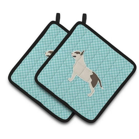 

Bull Terrier Checkerboard Blue Pair of Pot Holders