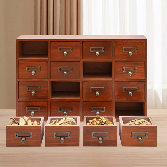 Vintage Library Desk Drawer Organizer - Wooden Storage Box with 16 Drawers for Living Rooms, Bedrooms