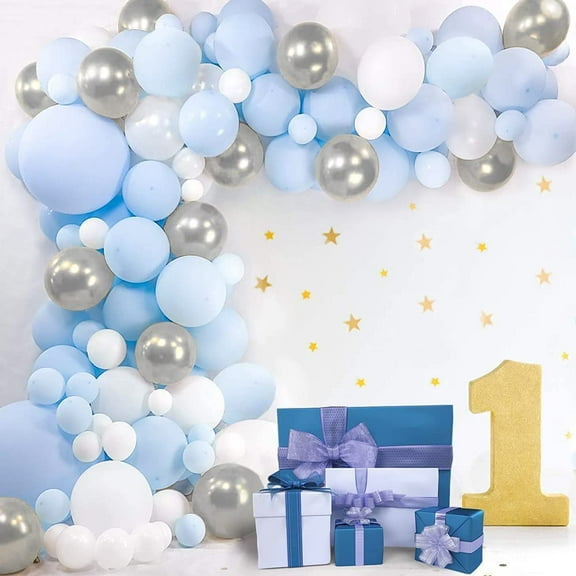 AOWEE Pastel Blue Balloon Arch Kit, Macaron Blue White Balloon Garland Metallic Silver Party Balloon Arch Decoration for Baby Shower Wedding Gender Reveal Party 1st 2nd 3rd 16th 18th Birthday