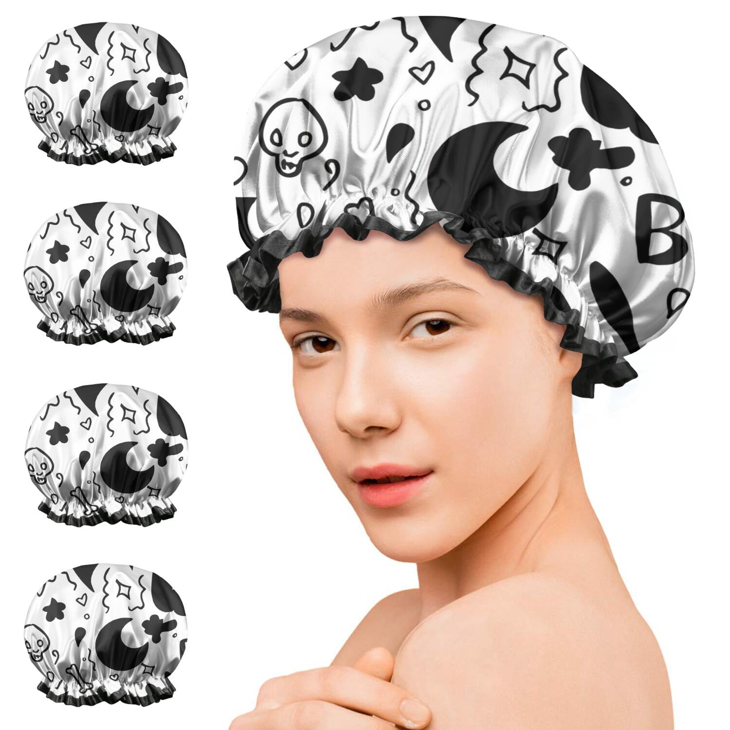 Shower Caps,Black and White Halloween Doodle Pattern Waterproof Shower Cap for Women 4 Pieces,Double Reusable Hair Cover for Shower PEVA Elastic Stretch Hem