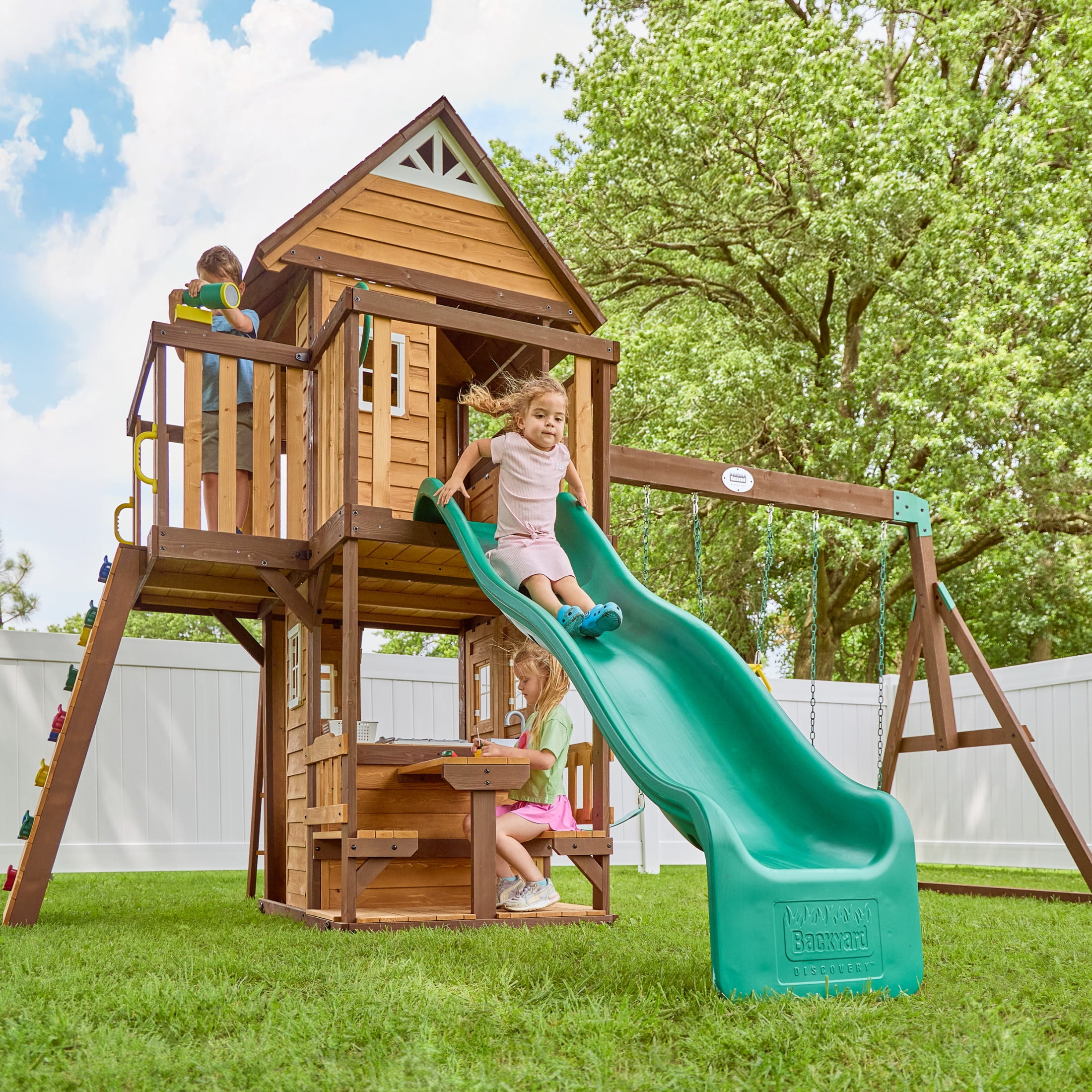 Backyard Discovery Spruce Hollow Spruce Wood Swing Set, Wave Slide, Clubhouse, Rock Wall