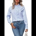 thumbnail image 1 of Blusas de Oficina de Larga con Cuello Alto y Botones A Rayas para Mujer Azul XL, 1 of 10
