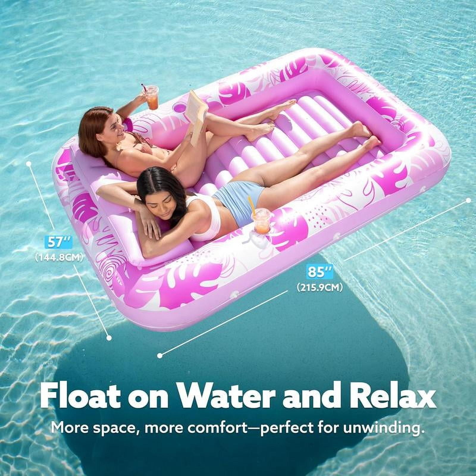 Sloosh-L/XL Inflatable Tanning Pool Lounge Float With Cup Holder, 70“X46”/85″ x 57″ Extra Large Pool Floats Adult with Pillow, 4 in 1 Suntan Tub Raft Floatie, Sunbathing Bed Lounge for Water Blow